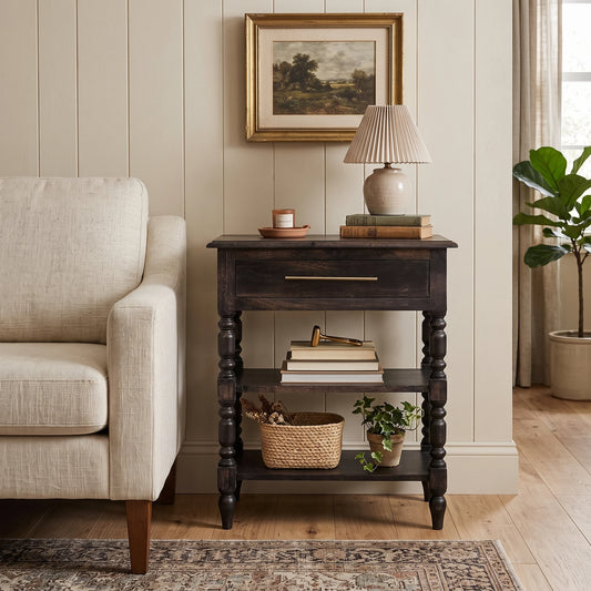A solid mango wood 1-drawer turned-leg side table in a dark carbon ash finish, styled in a living room next to a light beige sofa with a lamp and decor on top.