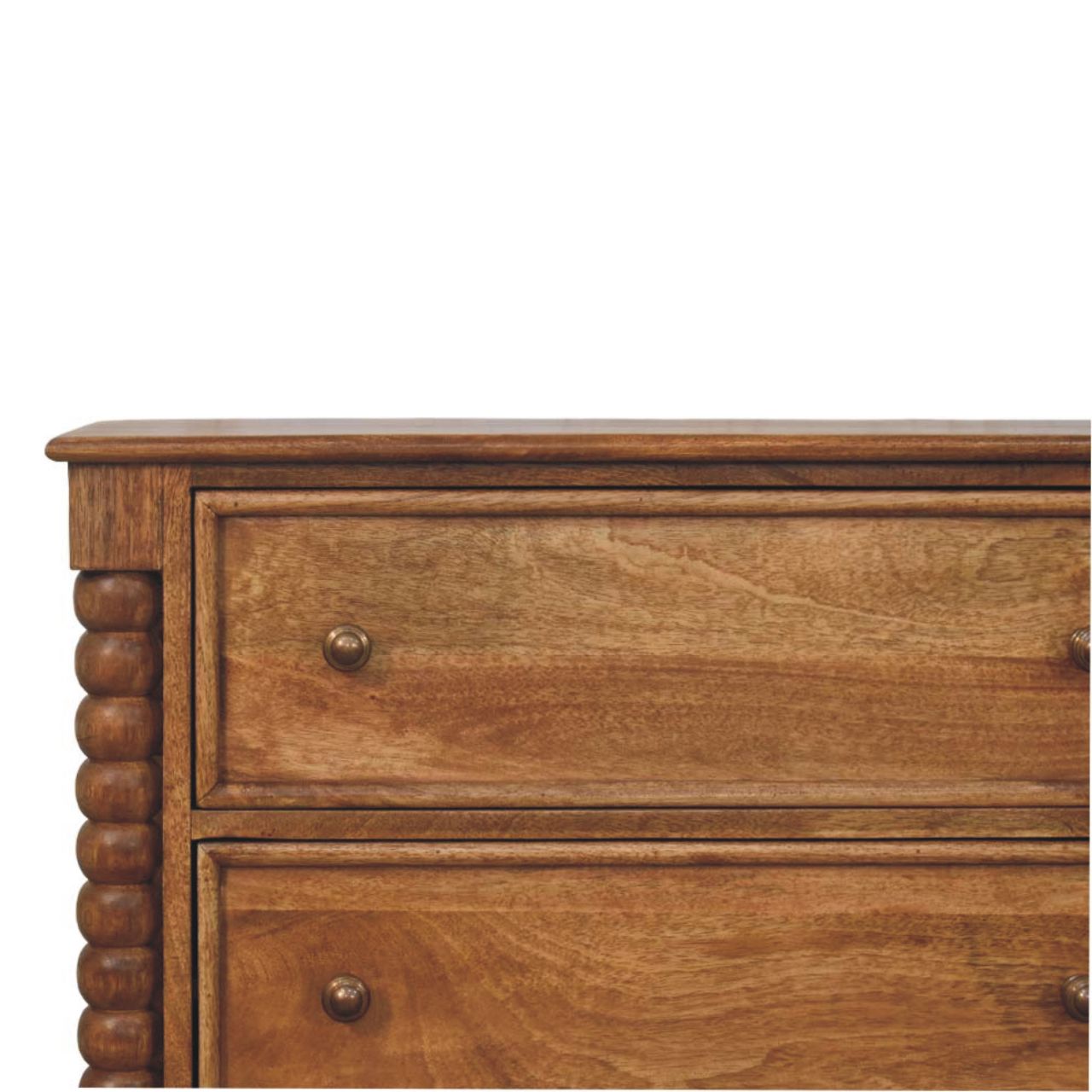 Close front left angle of the Chest of Drawers showing round knob and amber oak finish detail