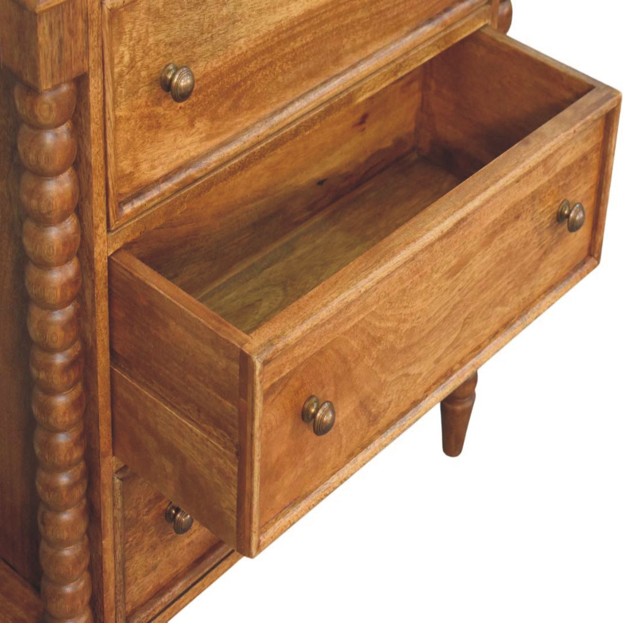 Close upper left angle of the Chest of Drawers with drawer open showing interior storage