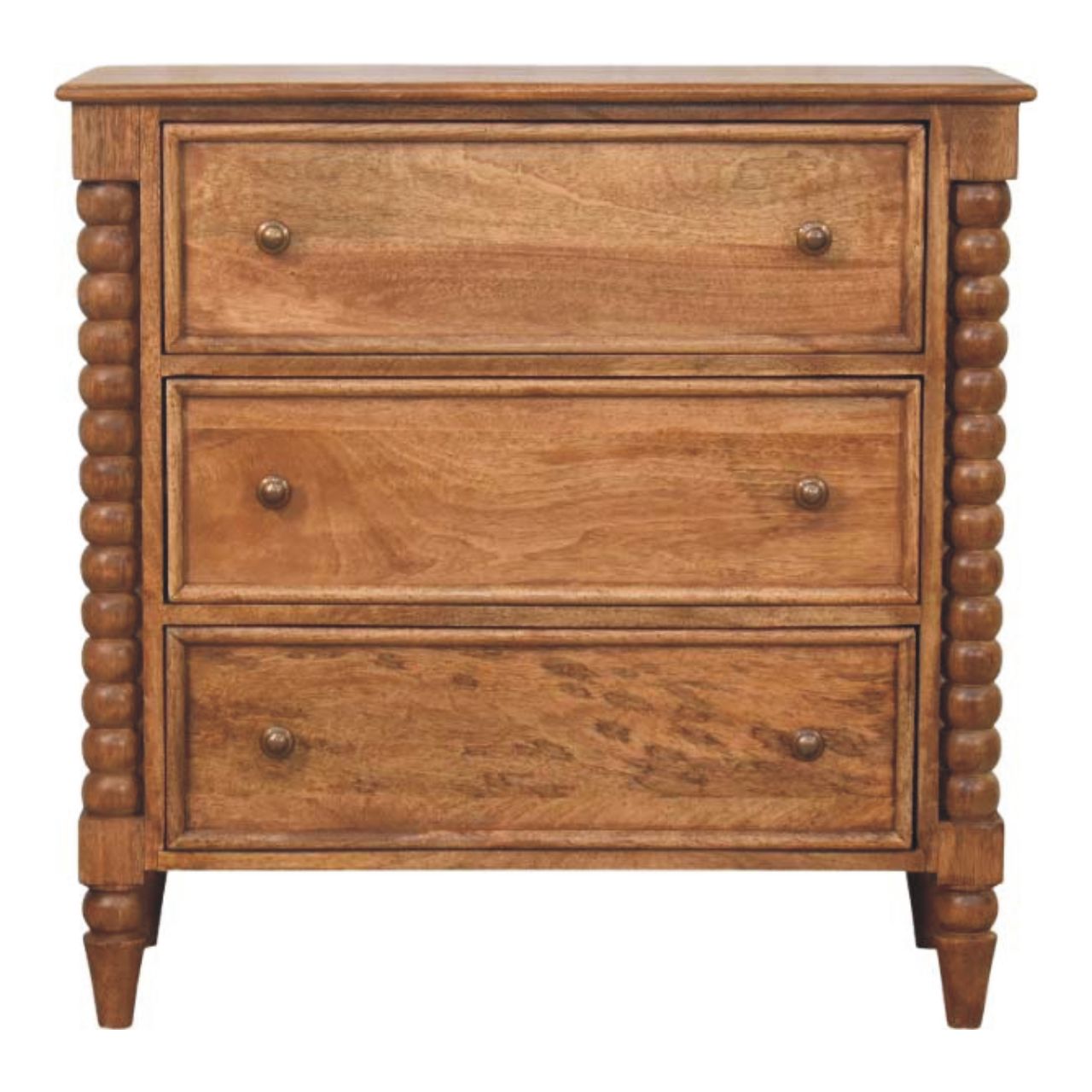 Front view of the Chest of Drawers showing 3 drawers with round knobs and carved spindle legs