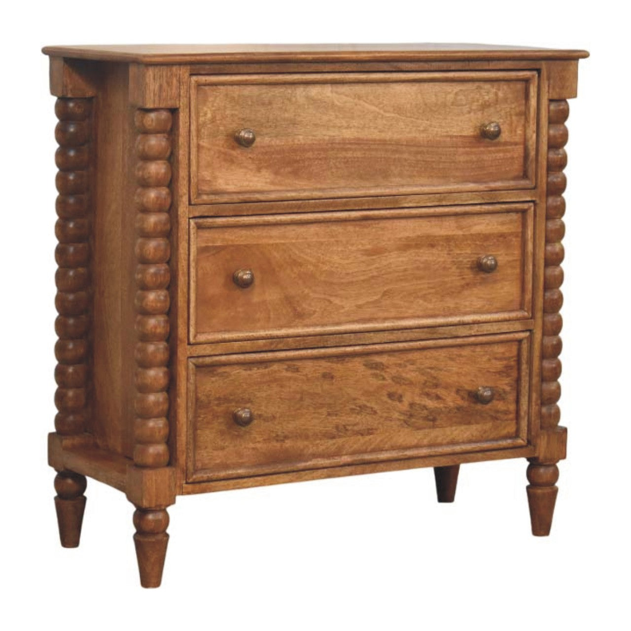 Left side view of the Chest of Drawers in solid mango wood with amber oak finish