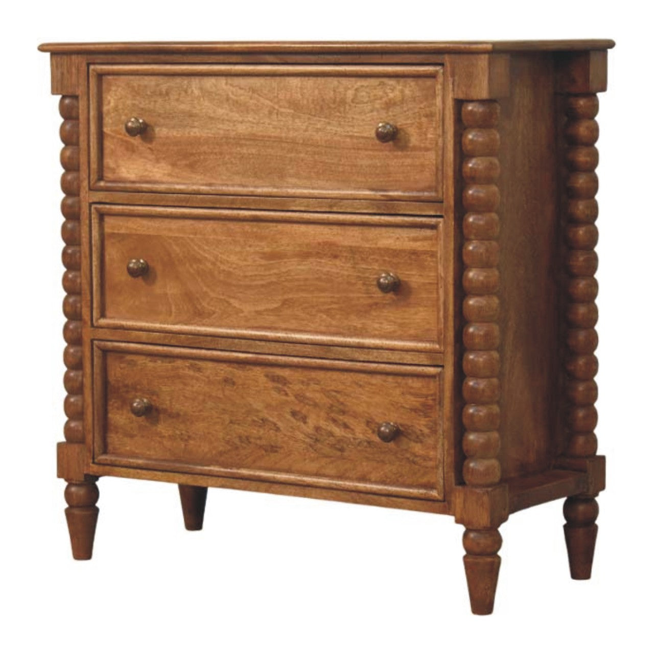 Right side view of the Chest of Drawers showing natural grain and spindle legs