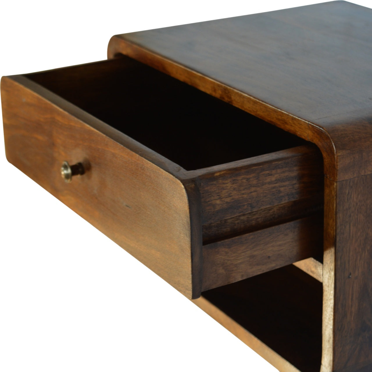 Top right angle of Chestnut Curve Floating Bedside with drawer open showing interior storage and open shelf