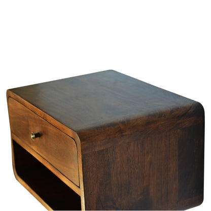 Top right angle view of Chestnut Curve Floating Bedside showing surface and natural mango wood grain