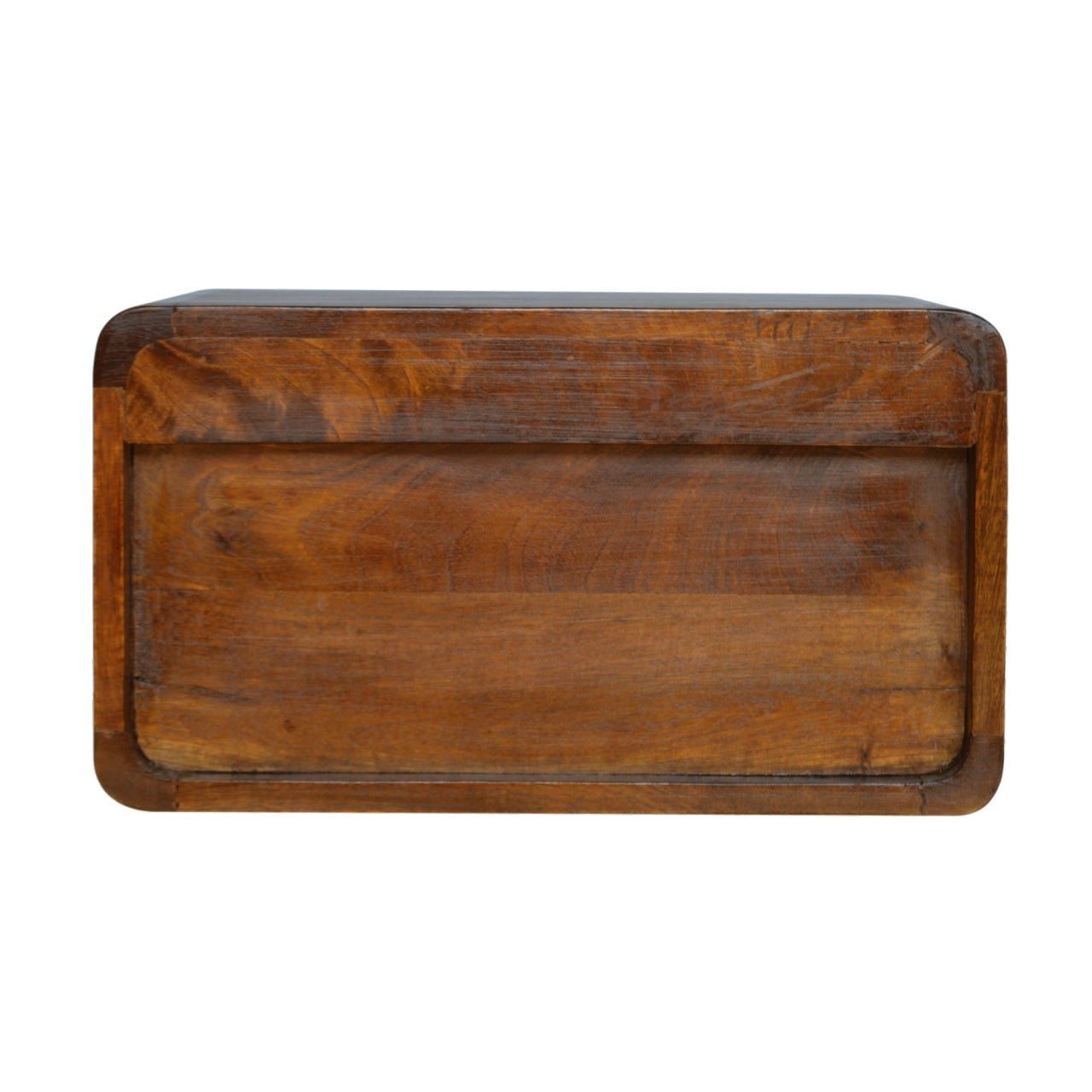Back view of Chestnut Curve Floating Bedside in solid mango wood with chestnut finish