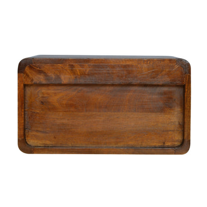 Back view of Chestnut Curve Floating Bedside in solid mango wood with chestnut finish
