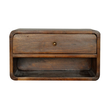 Front view of Chestnut Curve Floating Bedside showing drawer with shiny knob and open shelf