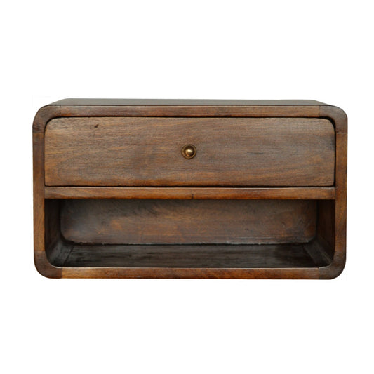 Front view of Chestnut Curve Floating Bedside showing drawer with shiny knob and open shelf