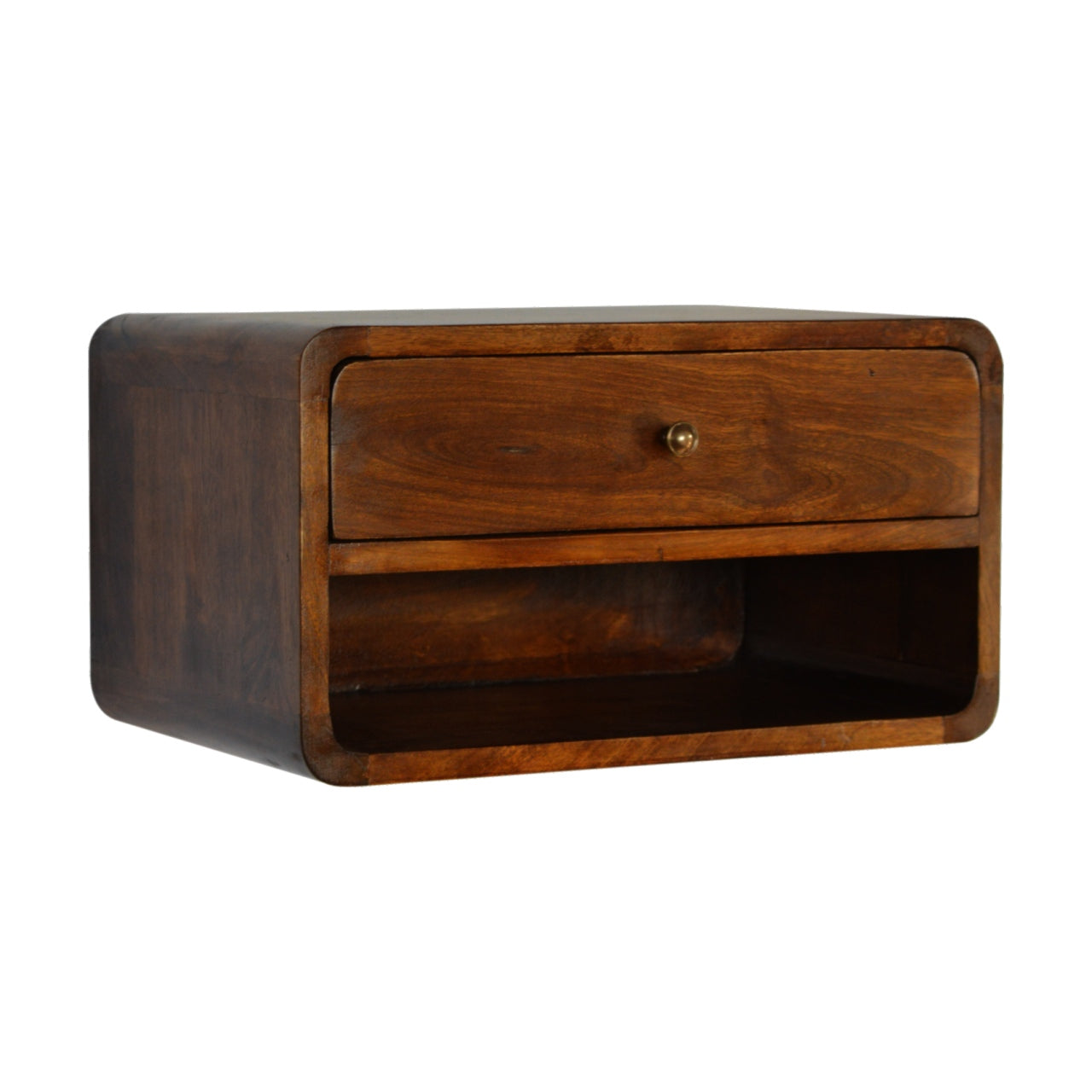 Left side view of Chestnut Curve Floating Bedside in solid mango wood with chestnut finish
