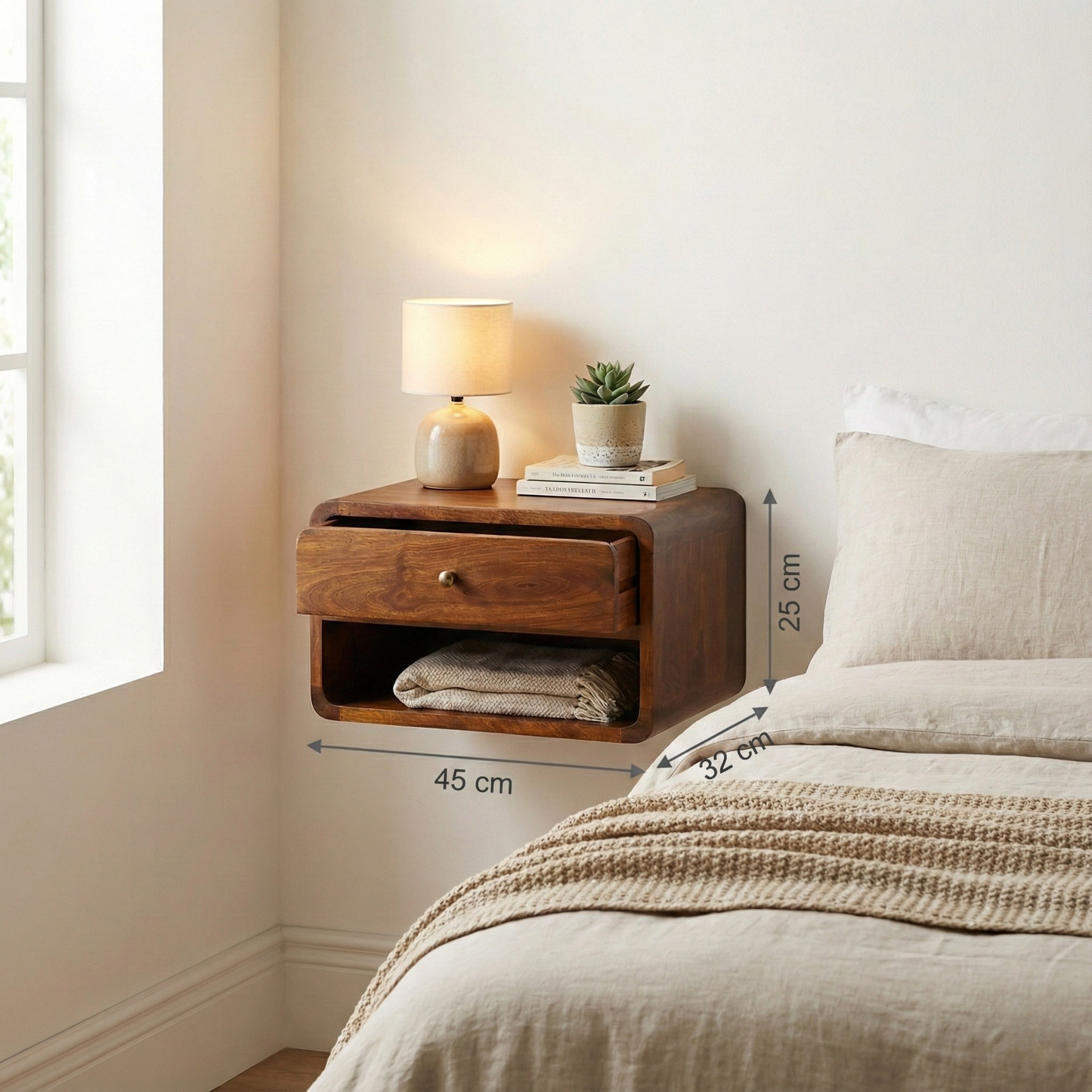Chestnut Curve Floating Bedside with dimensions: 25 cm height, 45 cm width, 32 cm depth