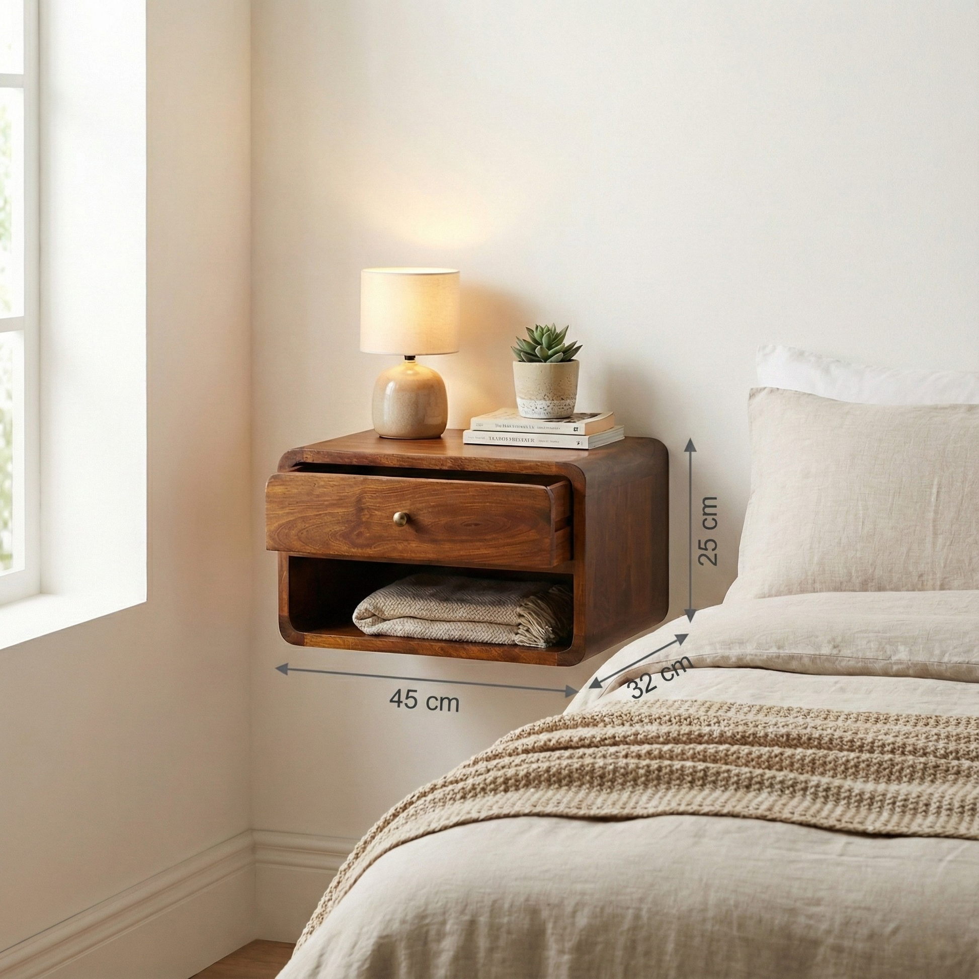 Chestnut Curve Floating Bedside with dimensions: 25 cm height, 45 cm width, 32 cm depth