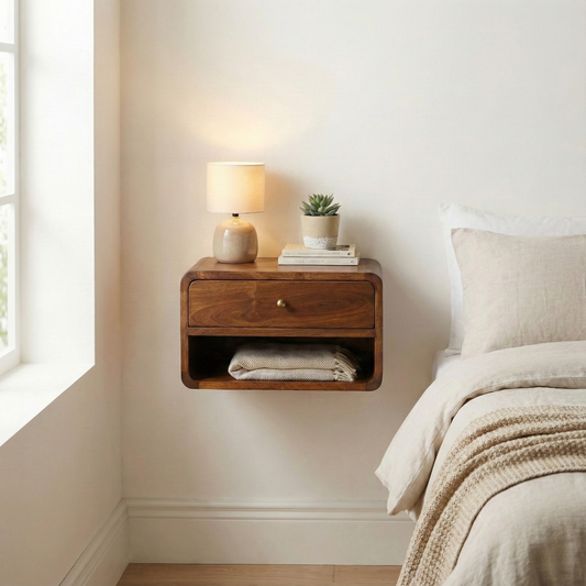 Chestnut Curve Floating Bedside styled in a bedroom wall-mounted setting