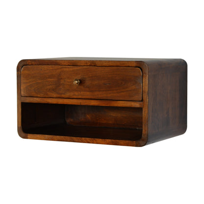 Right side view of Chestnut Curve Floating Bedside showing depth and wall-mounted profile