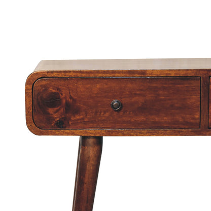 Close front left angle of Chestnut Curved Hallway Table showing curved edges and shiny knob detail