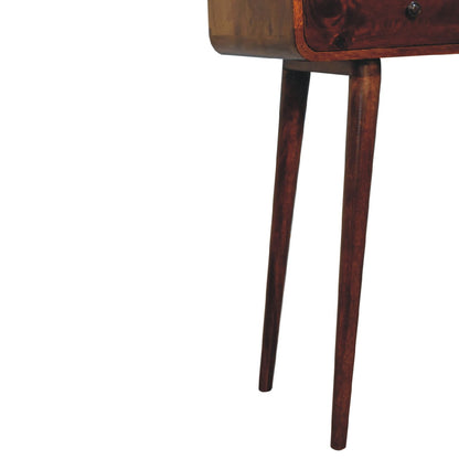Lower left angle of Chestnut Curved Hallway Table highlighting Nordic-style legs