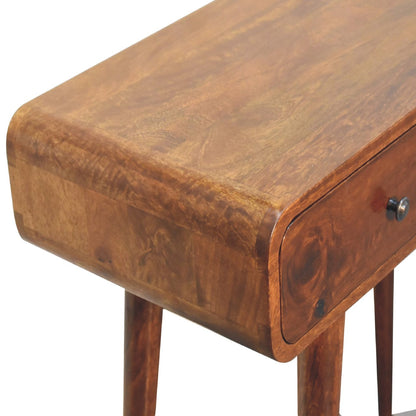 Upper left angle view of Chestnut Curved Hallway Table showing full surface and chestnut finish
