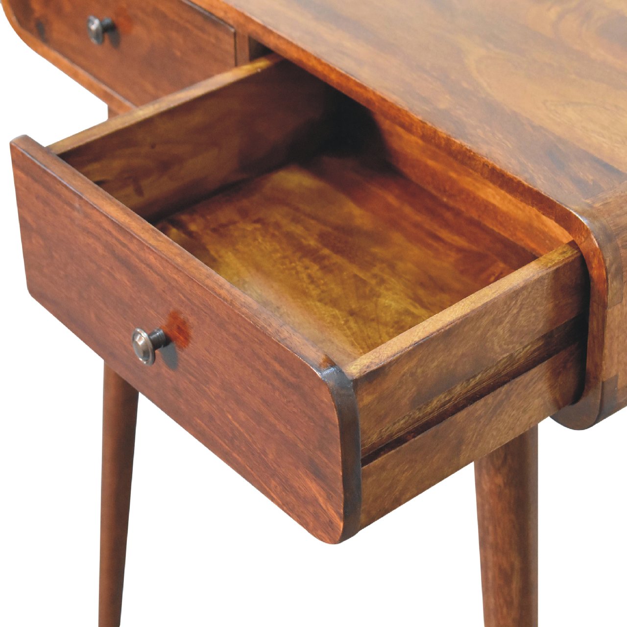 Close upper right angle of Chestnut Curved Hallway Table with drawer open showing interior storage