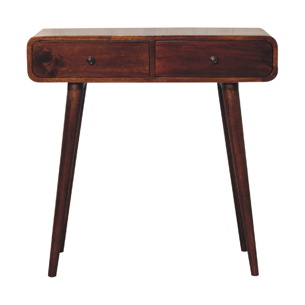 Front view of Chestnut Curved Hallway Table showing 2 drawers with shiny knobs and Nordic legs
