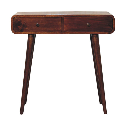 Front view of Chestnut Curved Hallway Table showing 2 drawers with shiny knobs and Nordic legs