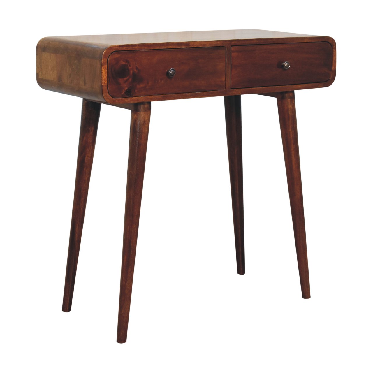 Left side view of Chestnut Curved Hallway Table in solid mango wood with chestnut finish