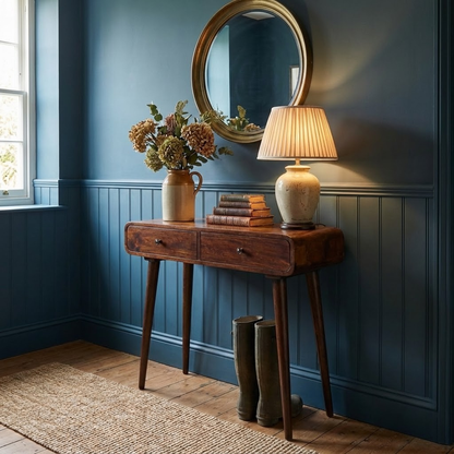 Chestnut Curved Hallway Table styled in a hallway or living space interior