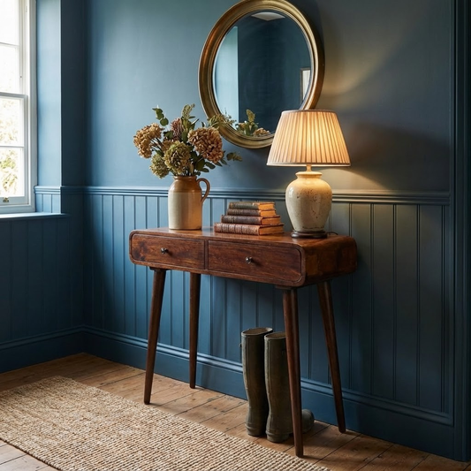 Chestnut Curved Hallway Table styled in a hallway or living space interior