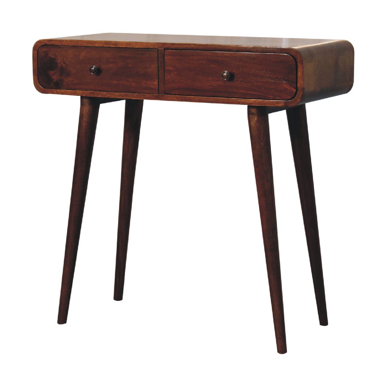 Right side view of Chestnut Curved Hallway Table showing curved edges and Nordic legs