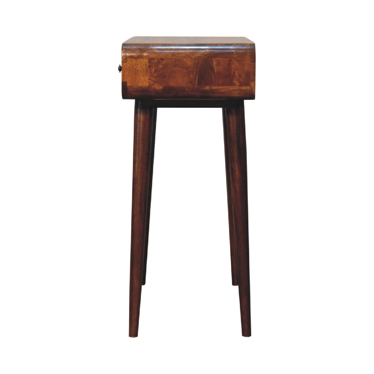 Side profile of Chestnut Curved Hallway Table showing full height and Nordic legs
