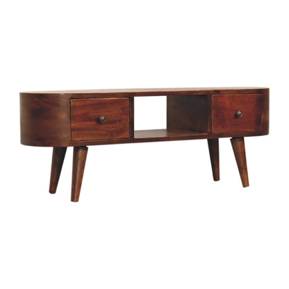 Wooden media unit with drawers on a white background