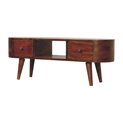 Wooden media unit with two drawers on a white background