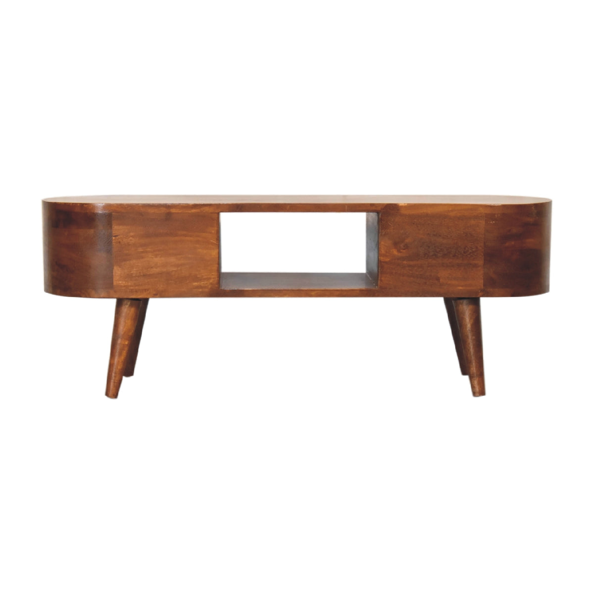 Wooden media unit with a white background