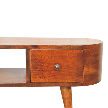 Wooden media unit with a drawer on a white background