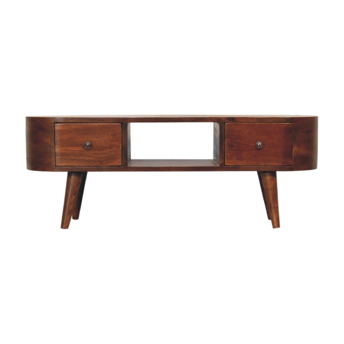 Wooden media unit with two drawers and a central shelf on a white background