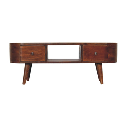 Wooden media unit with two drawers and a central shelf on a white background