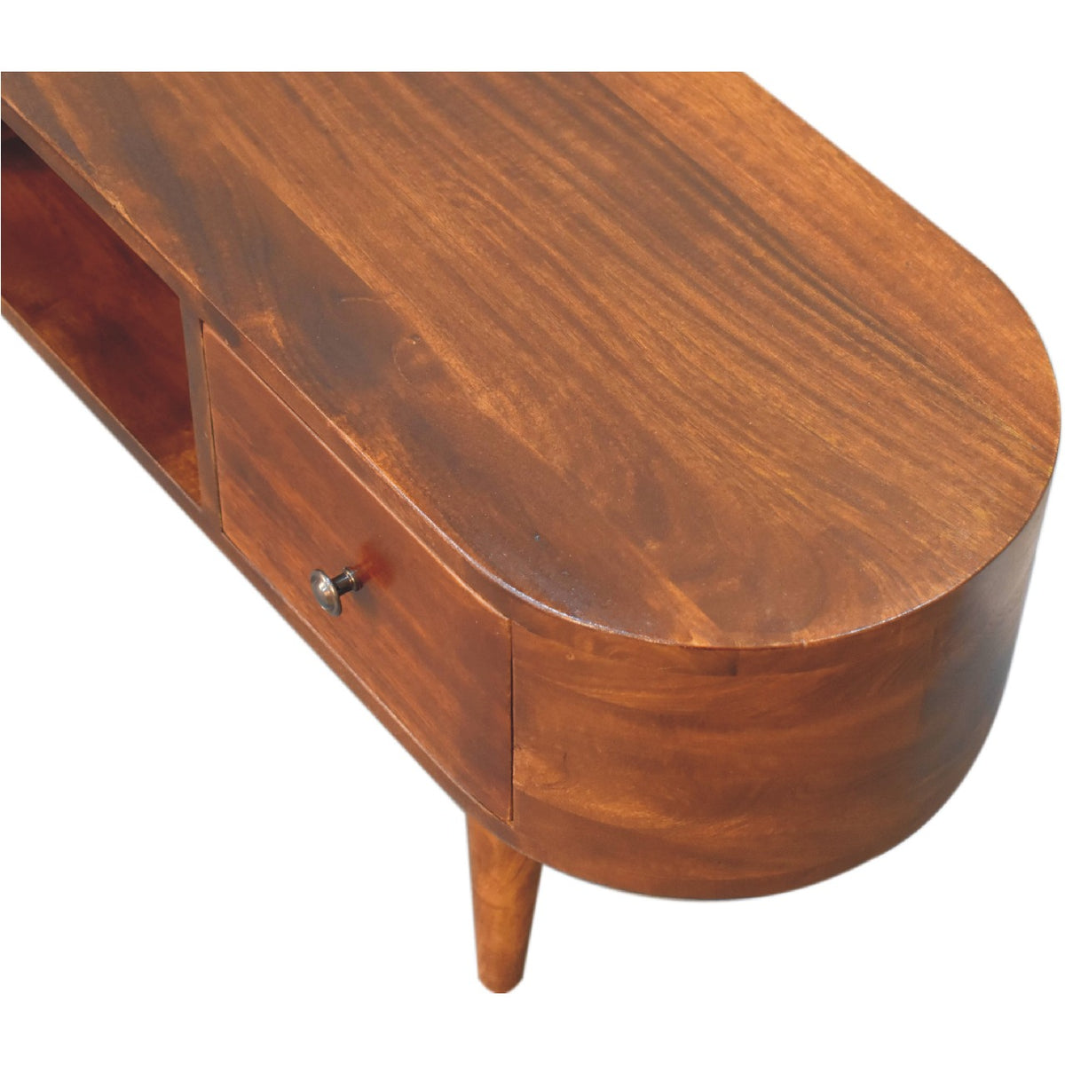 Wooden media unit with a single door on a white background