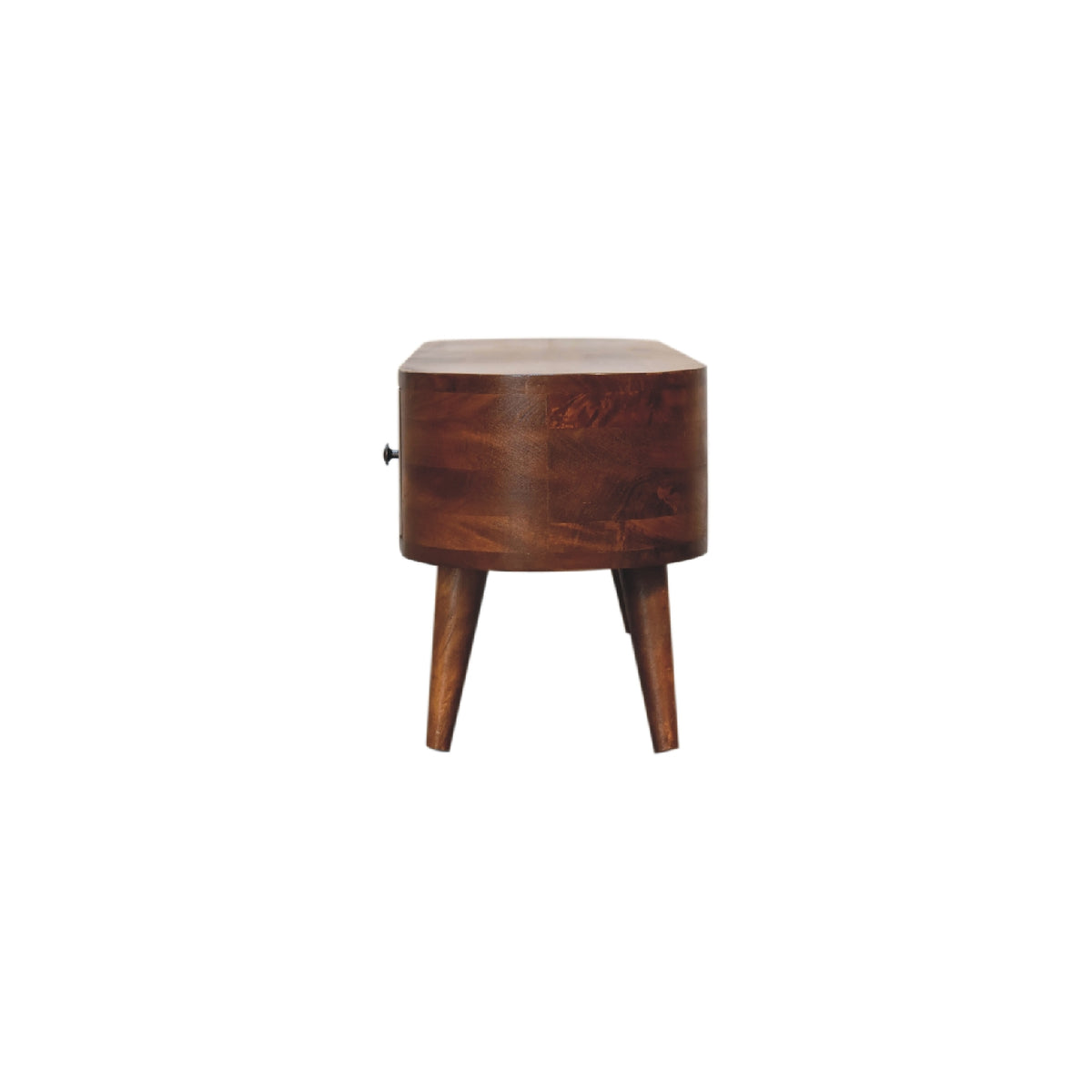 side view of a wooden media unit with a knob on a white background