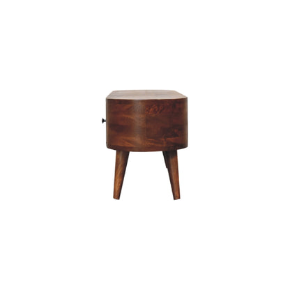 side view of a wooden media unit with a knob on a white background