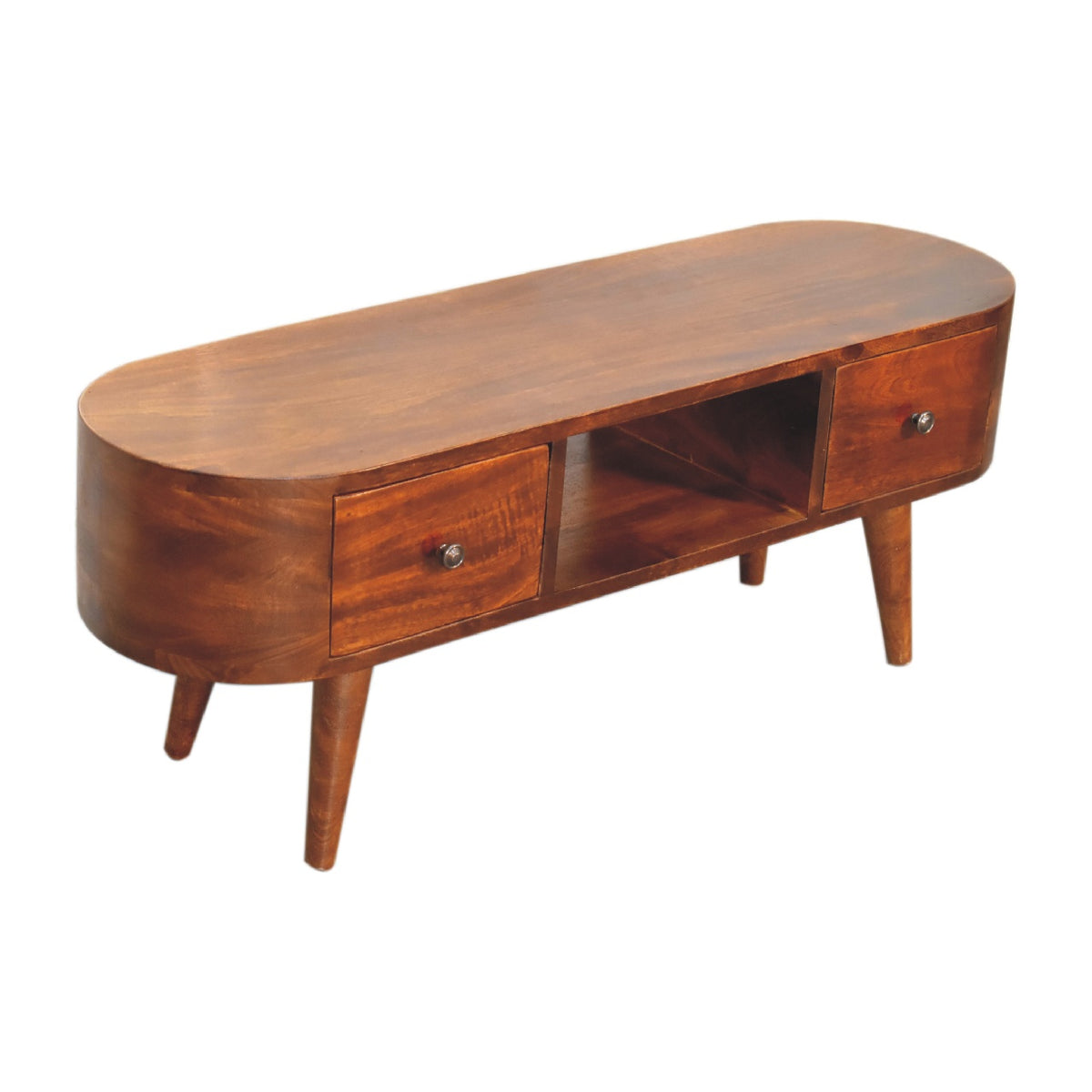 Wooden TV stand with two drawers on a white background