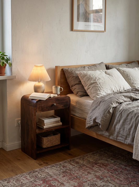 A chestnut solid mango wood 1-drawer open bedside table styled next to a bed.