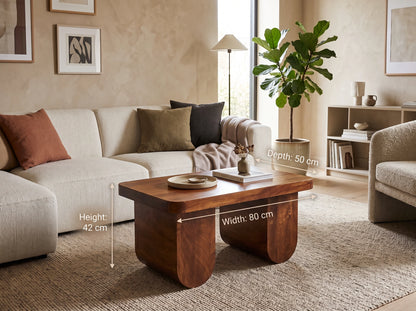 A chestnut solid mango wood chunky coffee table in a modern living room setting, featuring dimension text overlays indicating 80 cm width, 50 cm depth, and 42 cm height.