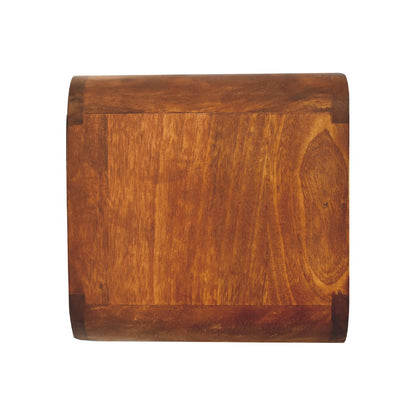 Top-down overhead view displaying the smooth top surface panel and rich wood grain of a chestnut solid mango wood floating bedside table.