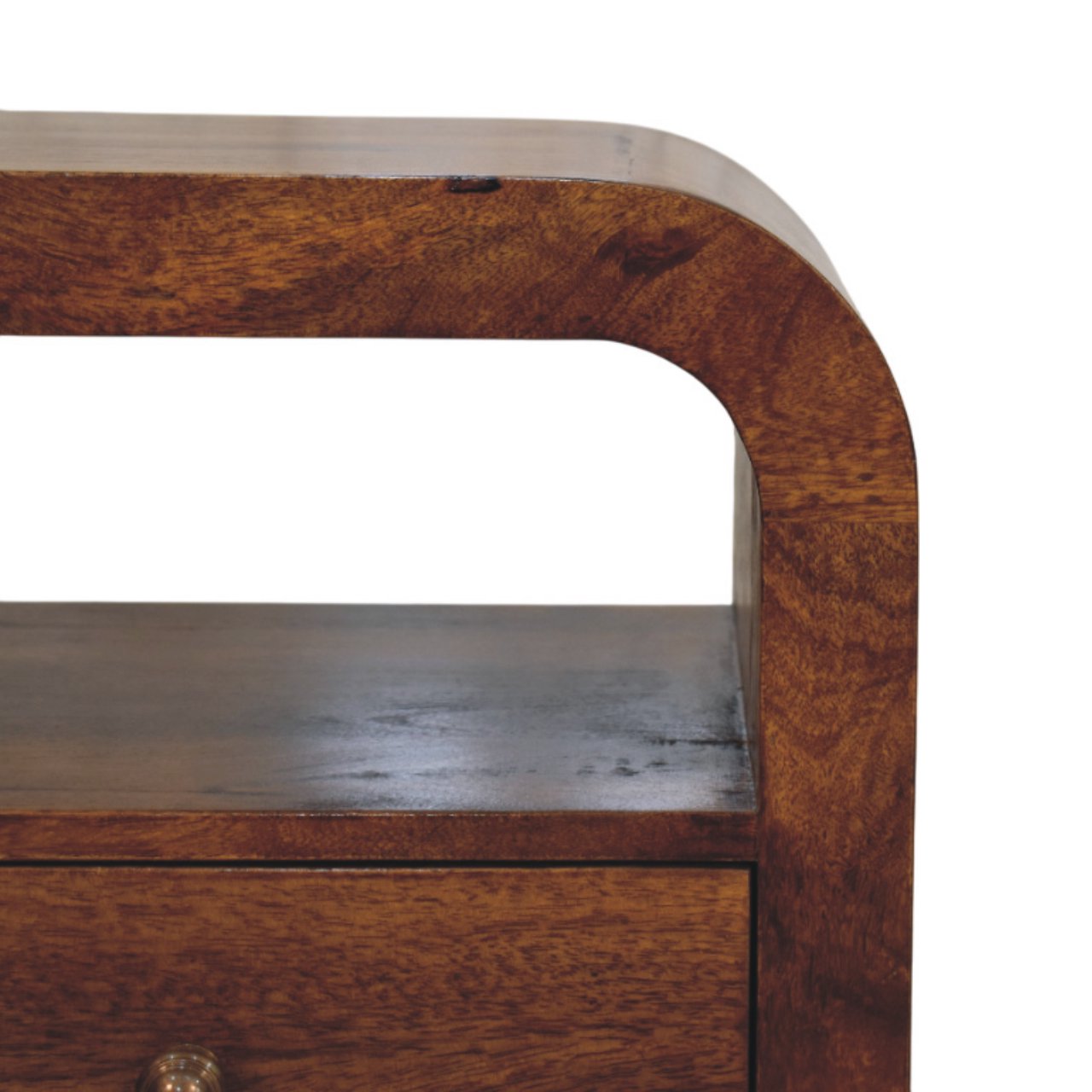 Close front right angle of Chestnut Nightstand showing brass knob and chestnut finish detail