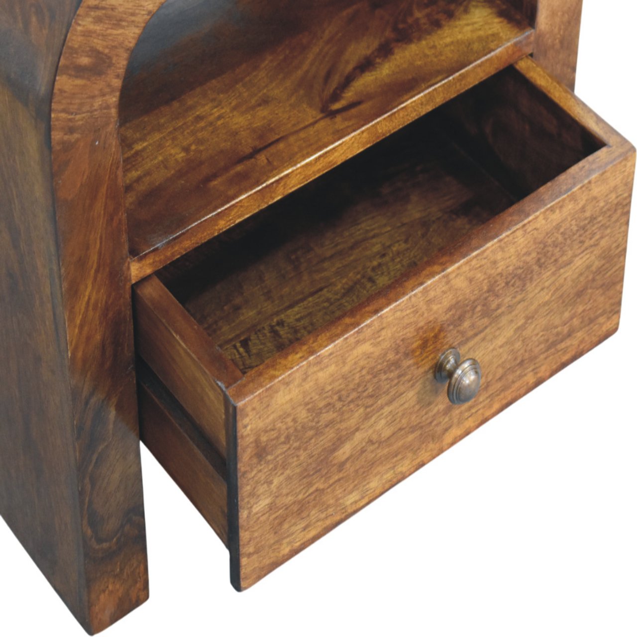 Close top left angle of Chestnut Nightstand with drawer open showing interior storage