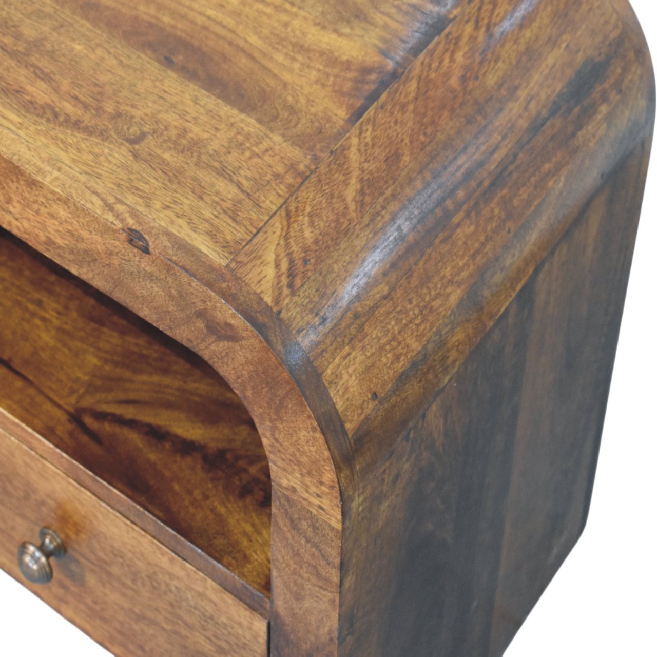 Close top right angle of Chestnut Nightstand showing natural mango wood grain and chestnut finish
