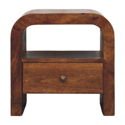 Front view of Chestnut Nightstand showing drawer with brass knob and open shelf