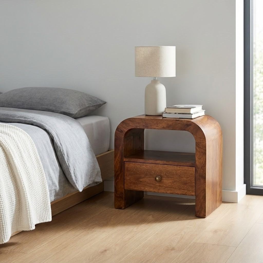 Chestnut Nightstand styled in a bedroom or living space interior