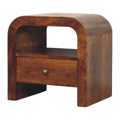 Right side view of Chestnut Nightstand showing curved design and chestnut finish