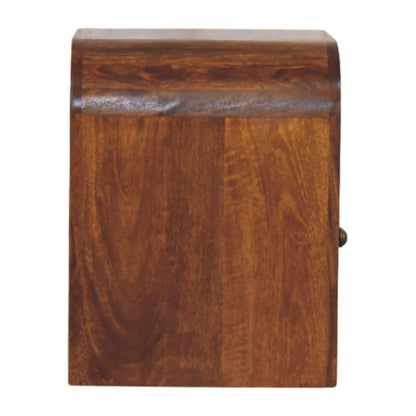 Side profile of Chestnut Nightstand showing full height and open shelf depth
