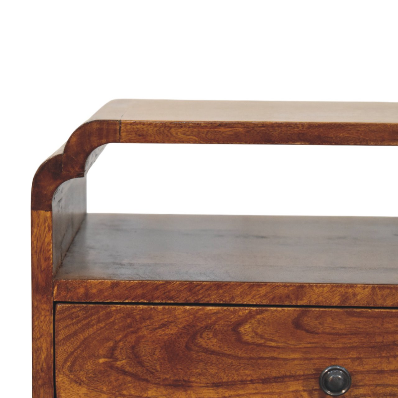 Close front left angle of Chestnut Nightstand showing royal brass knob and chestnut finish detail