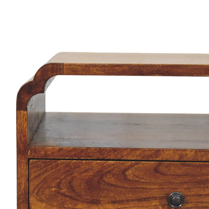 Close front left angle of Chestnut Nightstand showing royal brass knob and chestnut finish detail